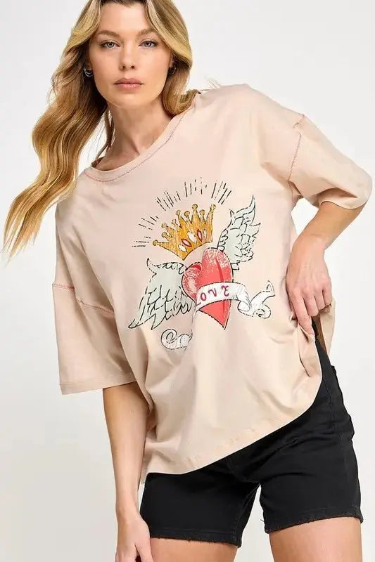 SAGE+FIG Love-Inspired Graphic Oversized T-Shirt for Women - Love Salve